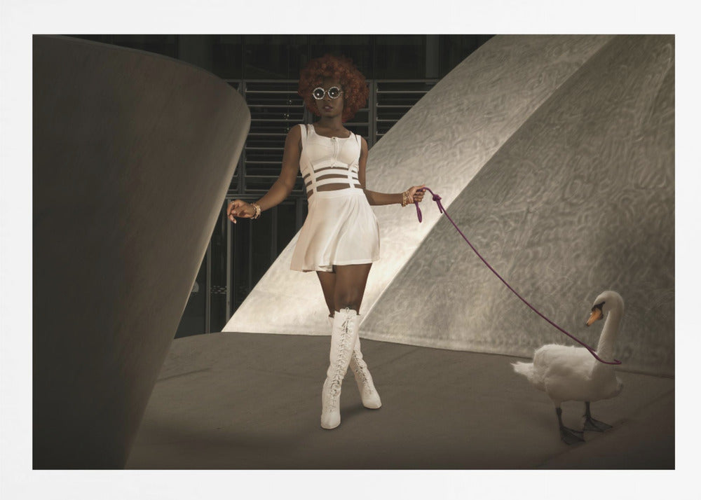 A stylish Black woman with a red afro, wearing a white cut-out dress, round sunglasses, and white knee-high boots, holds a purple leash attached to a white swan as they walk through a modern architectural setting with dramatic lighting. Wall Art