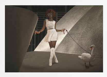 A stylish Black woman with a red afro, wearing a white cut-out dress, round sunglasses, and white knee-high boots, holds a purple leash attached to a white swan as they walk through a modern architectural setting with dramatic lighting. Wall Art