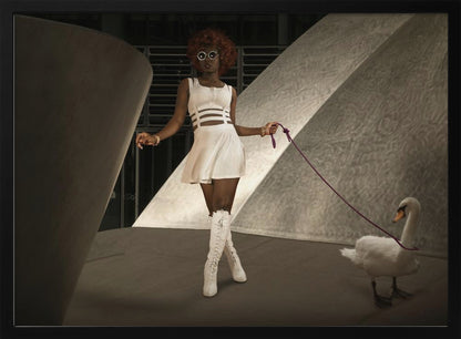 A stylish Black woman with a red afro, wearing a white cut-out dress, round sunglasses, and white knee-high boots, holds a purple leash attached to a white swan as they walk through a modern architectural setting with dramatic lighting. Wall Art