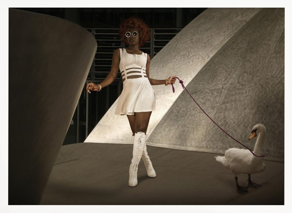 A stylish Black woman with a red afro, wearing a white cut-out dress, round sunglasses, and white knee-high boots, holds a purple leash attached to a white swan as they walk through a modern architectural setting with dramatic lighting. Wall Art
