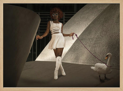 A stylish Black woman with a red afro, wearing a white cut-out dress, round sunglasses, and white knee-high boots, holds a purple leash attached to a white swan as they walk through a modern architectural setting with dramatic lighting. Wall Art