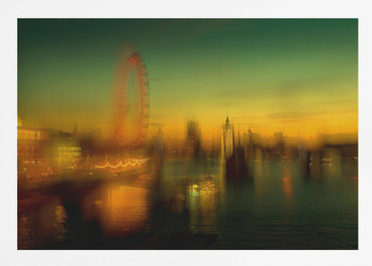 A dreamlike, blurred photograph of the London skyline at dusk, with the glowing orange London Eye on the left and the hazy silhouette of the Houses of Parliament across the River Thames. The sky shifts from a deep green to a warm golden yellow, and the city's lights cast shimmering reflections on the water. Decor