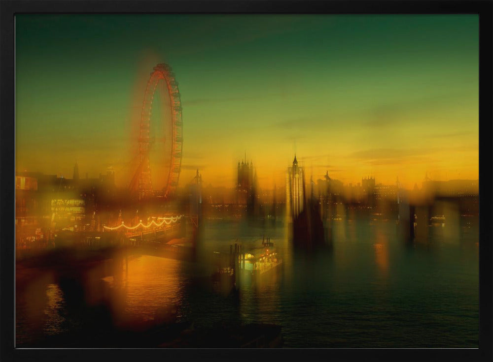 A dreamlike, blurred photograph of the London skyline at dusk, with the glowing orange London Eye on the left and the hazy silhouette of the Houses of Parliament across the River Thames. The sky shifts from a deep green to a warm golden yellow, and the city's lights cast shimmering reflections on the water. Decor