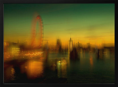 A dreamlike, blurred photograph of the London skyline at dusk, with the glowing orange London Eye on the left and the hazy silhouette of the Houses of Parliament across the River Thames. The sky shifts from a deep green to a warm golden yellow, and the city's lights cast shimmering reflections on the water. Decor