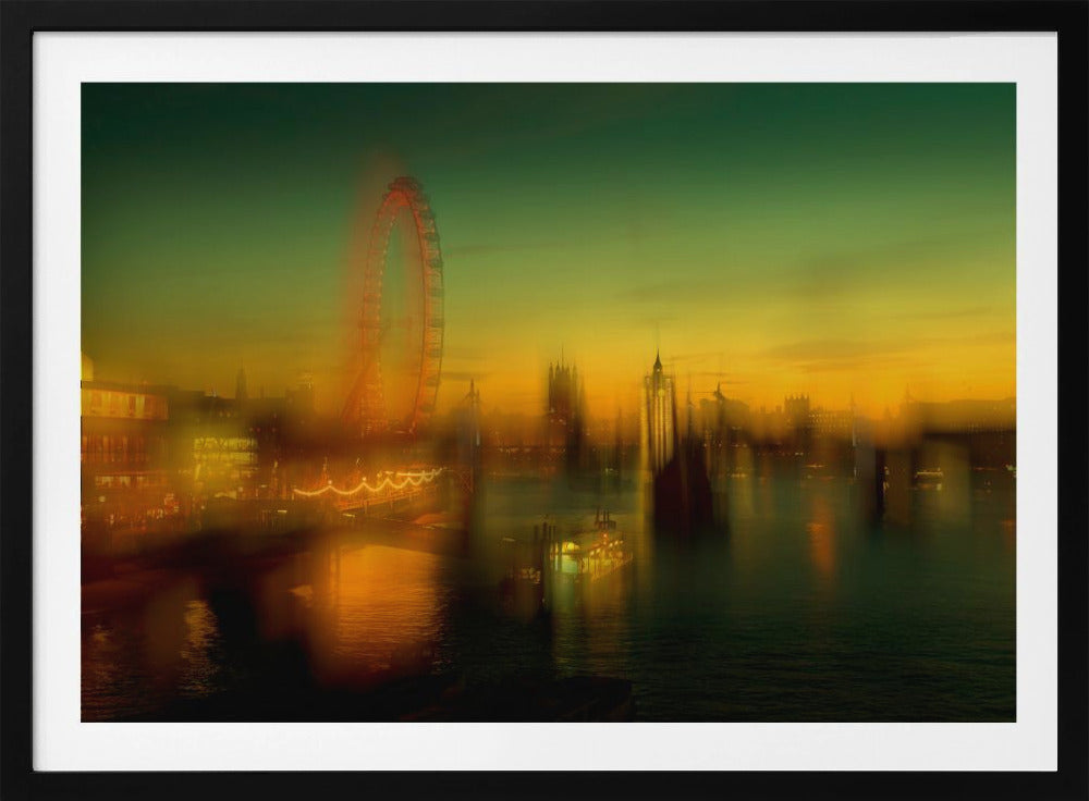 A dreamlike, blurred photograph of the London skyline at dusk, with the glowing orange London Eye on the left and the hazy silhouette of the Houses of Parliament across the River Thames. The sky shifts from a deep green to a warm golden yellow, and the city's lights cast shimmering reflections on the water. Decor