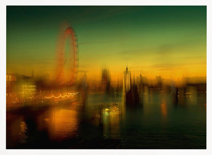 A dreamlike, blurred photograph of the London skyline at dusk, with the glowing orange London Eye on the left and the hazy silhouette of the Houses of Parliament across the River Thames. The sky shifts from a deep green to a warm golden yellow, and the city's lights cast shimmering reflections on the water. Decor