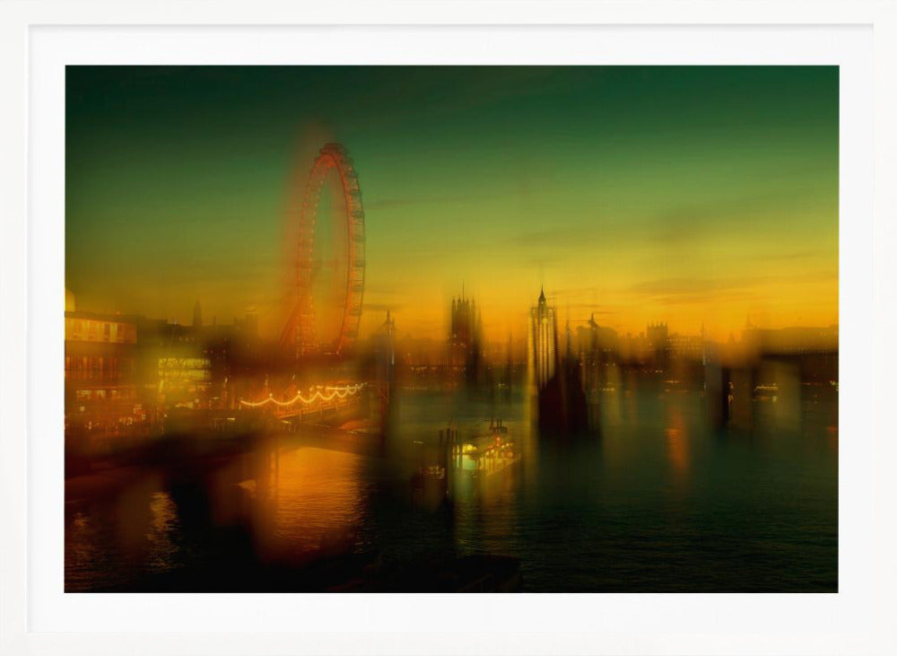 A dreamlike, blurred photograph of the London skyline at dusk, with the glowing orange London Eye on the left and the hazy silhouette of the Houses of Parliament across the River Thames. The sky shifts from a deep green to a warm golden yellow, and the city's lights cast shimmering reflections on the water. Decor