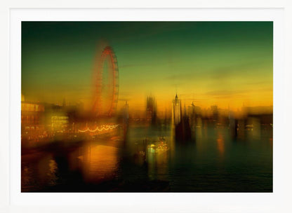 A dreamlike, blurred photograph of the London skyline at dusk, with the glowing orange London Eye on the left and the hazy silhouette of the Houses of Parliament across the River Thames. The sky shifts from a deep green to a warm golden yellow, and the city's lights cast shimmering reflections on the water. Decor
