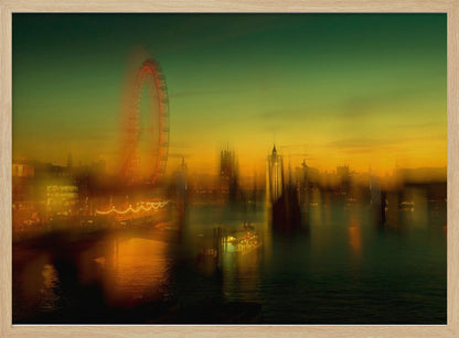 A dreamlike, blurred photograph of the London skyline at dusk, with the glowing orange London Eye on the left and the hazy silhouette of the Houses of Parliament across the River Thames. The sky shifts from a deep green to a warm golden yellow, and the city's lights cast shimmering reflections on the water. Decor