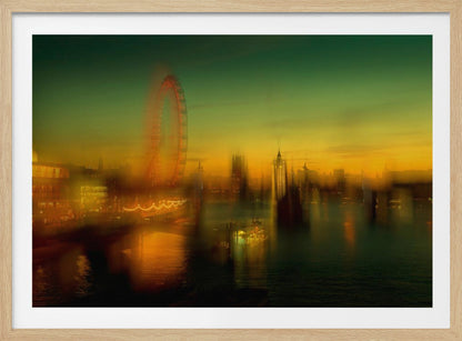 A dreamlike, blurred photograph of the London skyline at dusk, with the glowing orange London Eye on the left and the hazy silhouette of the Houses of Parliament across the River Thames. The sky shifts from a deep green to a warm golden yellow, and the city's lights cast shimmering reflections on the water. Decor