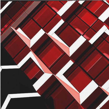 A close-up, angular photograph of a modern building's facade, framed in light wood. The composition is a dynamic geometric pattern of glossy red square panels, stark white lines, and deep black shadows, creating a sense of depth and abstract complexity. Wall Art