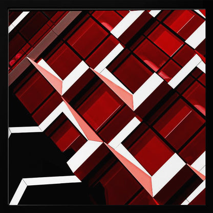 A close-up, angular photograph of a modern building's facade, framed in light wood. The composition is a dynamic geometric pattern of glossy red square panels, stark white lines, and deep black shadows, creating a sense of depth and abstract complexity. Wall Art