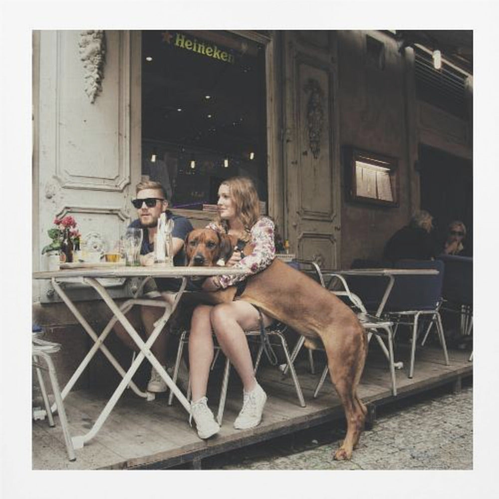 A framed photograph of a young couple sitting at an outdoor cafe. A woman in a floral shirt holds a large brown Rhodesian Ridgeback on her lap, while a man in sunglasses sits beside her. The dog stands with its front paws on the woman's lap and back paws on the wooden deck. The scene has a muted, warm tone. Poster