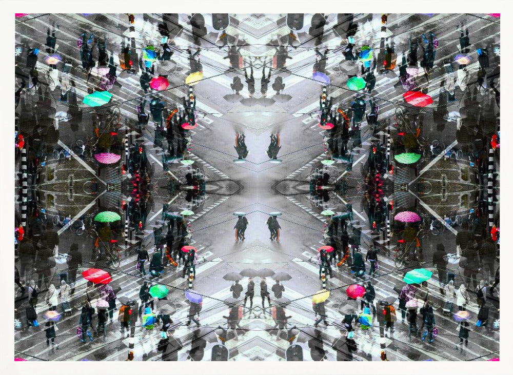 A symmetrical, kaleidoscopic abstract artwork created from an aerial view of a rainy city intersection. The mostly black and white image features pops of vibrant color from numerous umbrellas held by pedestrians crossing the street, all framed in a textured silver border. Artwork