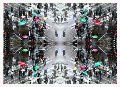 A symmetrical, kaleidoscopic abstract artwork created from an aerial view of a rainy city intersection. The mostly black and white image features pops of vibrant color from numerous umbrellas held by pedestrians crossing the street, all framed in a textured silver border. Artwork
