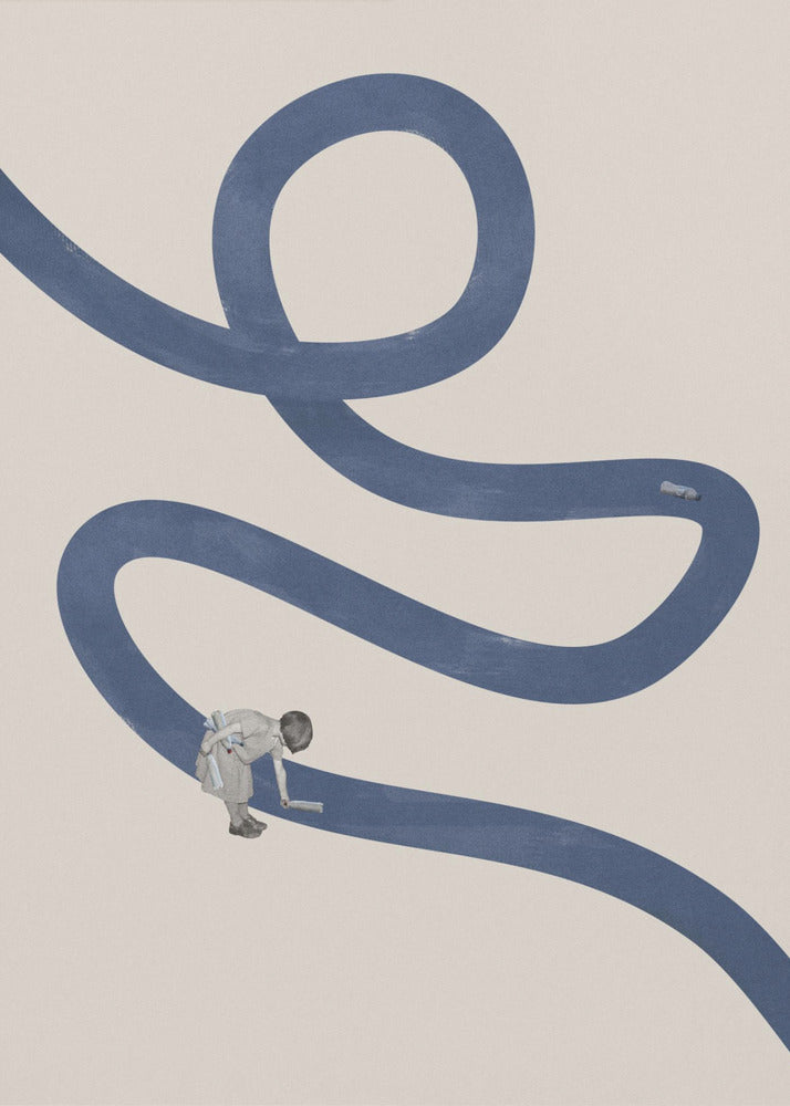 A minimalist collage artwork featuring a thick, winding blue path on a textured beige background. In the lower half, a small child is shown leaning over and appearing to paint the blue path with a roller, creating a surreal and imaginative scene. The artwork is presented in a thin black frame. Decor