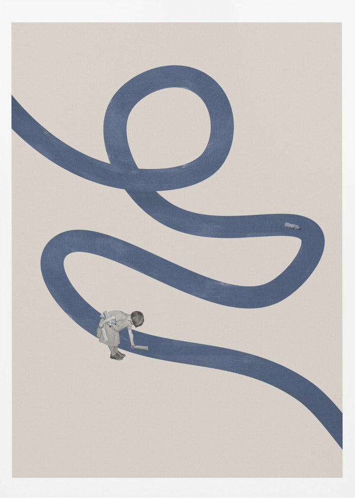 A minimalist collage artwork featuring a thick, winding blue path on a textured beige background. In the lower half, a small child is shown leaning over and appearing to paint the blue path with a roller, creating a surreal and imaginative scene. The artwork is presented in a thin black frame. Decor