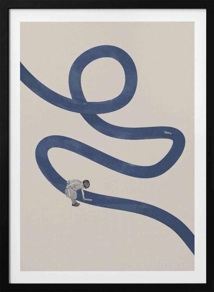 A minimalist collage artwork featuring a thick, winding blue path on a textured beige background. In the lower half, a small child is shown leaning over and appearing to paint the blue path with a roller, creating a surreal and imaginative scene. The artwork is presented in a thin black frame. Decor
