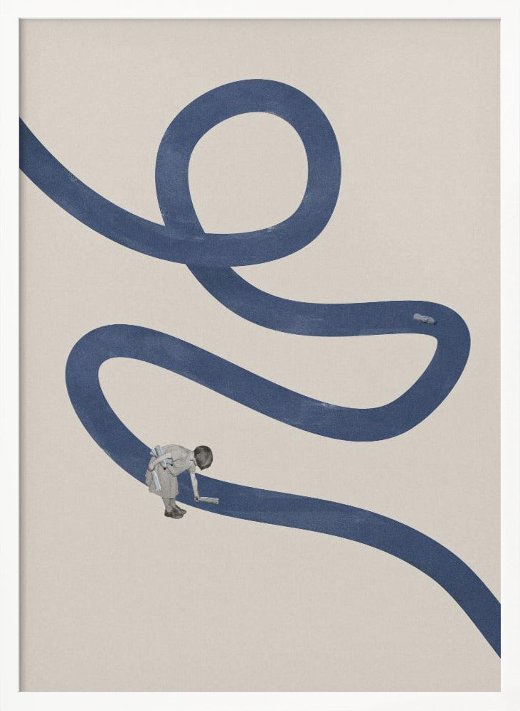 A minimalist collage artwork featuring a thick, winding blue path on a textured beige background. In the lower half, a small child is shown leaning over and appearing to paint the blue path with a roller, creating a surreal and imaginative scene. The artwork is presented in a thin black frame. Decor