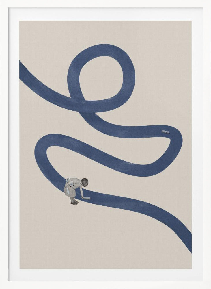 A minimalist collage artwork featuring a thick, winding blue path on a textured beige background. In the lower half, a small child is shown leaning over and appearing to paint the blue path with a roller, creating a surreal and imaginative scene. The artwork is presented in a thin black frame. Decor