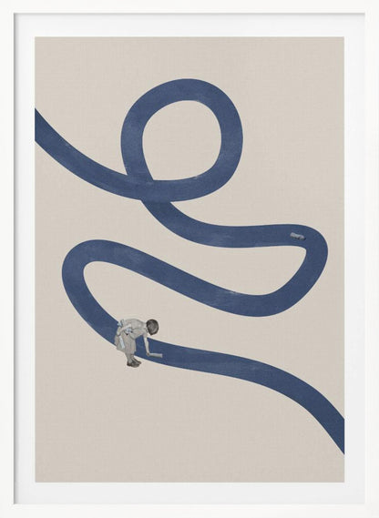 A minimalist collage artwork featuring a thick, winding blue path on a textured beige background. In the lower half, a small child is shown leaning over and appearing to paint the blue path with a roller, creating a surreal and imaginative scene. The artwork is presented in a thin black frame. Decor