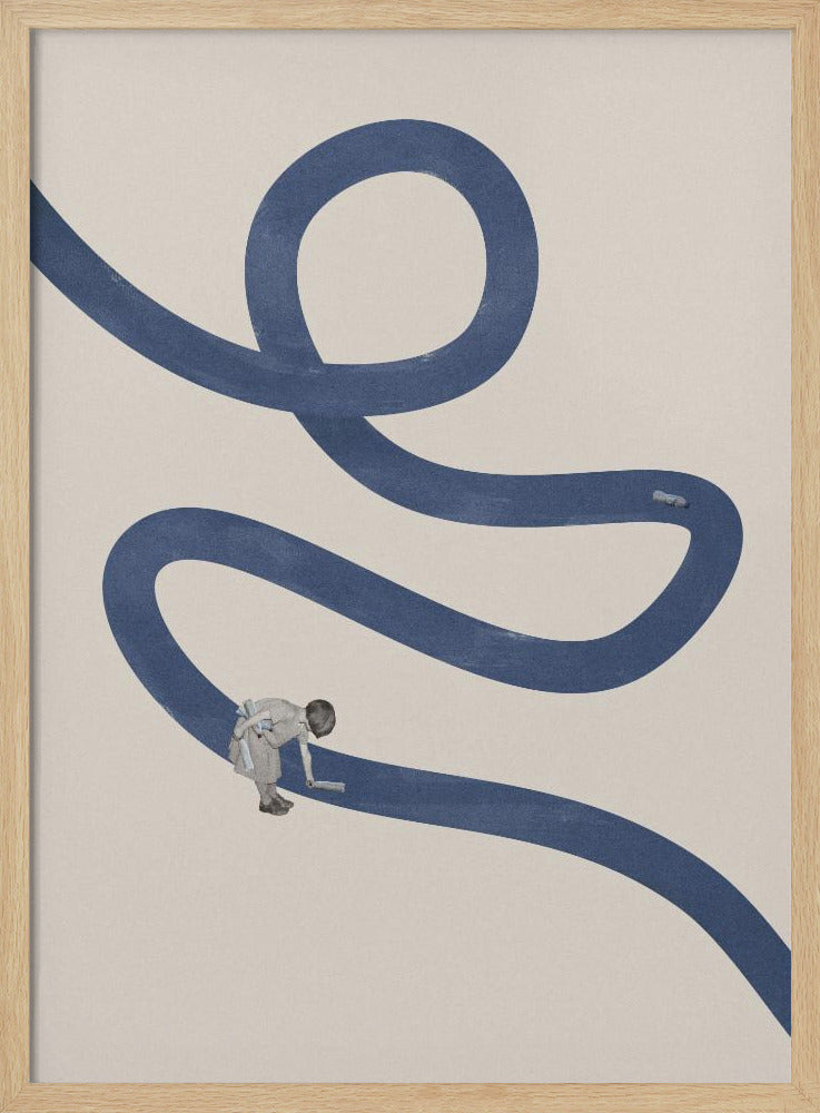 A minimalist collage artwork featuring a thick, winding blue path on a textured beige background. In the lower half, a small child is shown leaning over and appearing to paint the blue path with a roller, creating a surreal and imaginative scene. The artwork is presented in a thin black frame. Decor