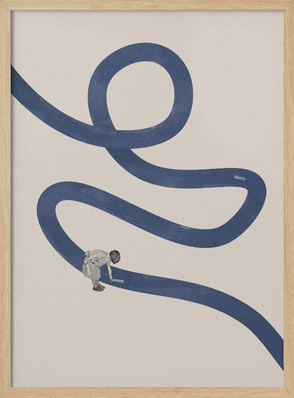 A minimalist collage artwork featuring a thick, winding blue path on a textured beige background. In the lower half, a small child is shown leaning over and appearing to paint the blue path with a roller, creating a surreal and imaginative scene. The artwork is presented in a thin black frame. Decor