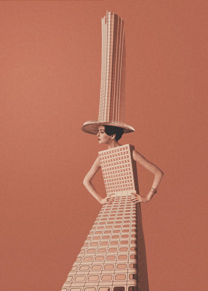 A surrealist collage featuring a woman whose dress and hat are made from a skyscraper, posing with hands on her hips against a grainy orange background within a black frame. Artwork