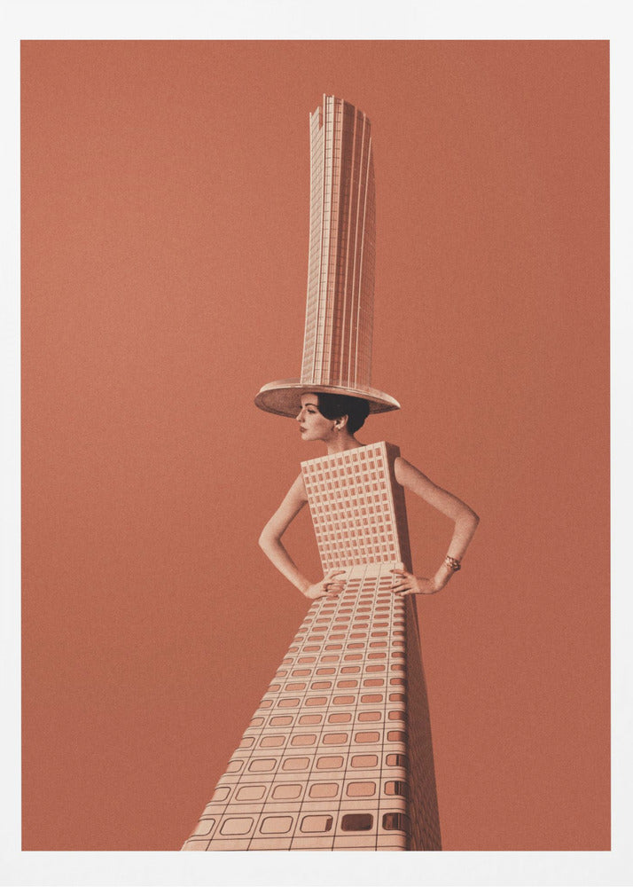 A surrealist collage featuring a woman whose dress and hat are made from a skyscraper, posing with hands on her hips against a grainy orange background within a black frame. Artwork