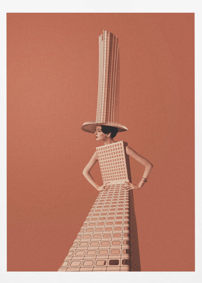A surrealist collage featuring a woman whose dress and hat are made from a skyscraper, posing with hands on her hips against a grainy orange background within a black frame. Artwork