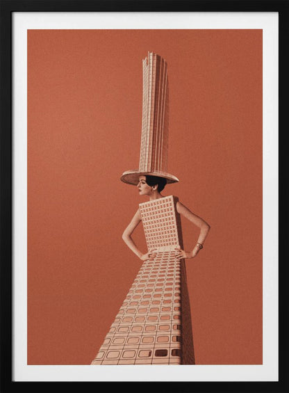 A surrealist collage featuring a woman whose dress and hat are made from a skyscraper, posing with hands on her hips against a grainy orange background within a black frame. Artwork