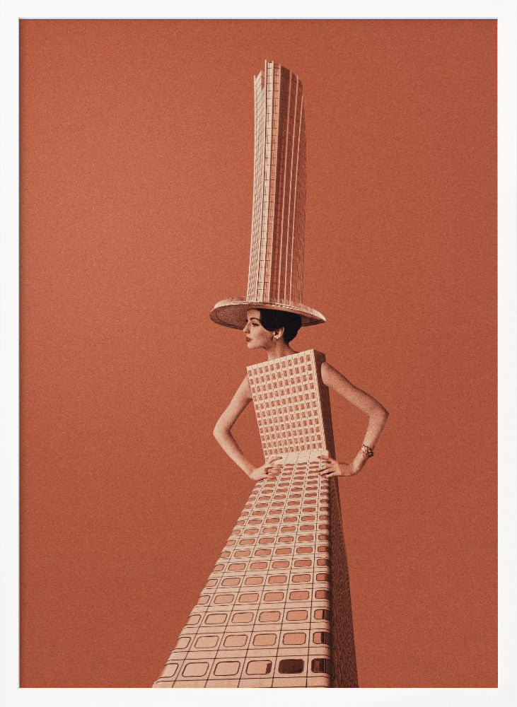 A surrealist collage featuring a woman whose dress and hat are made from a skyscraper, posing with hands on her hips against a grainy orange background within a black frame. Artwork