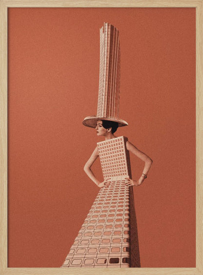 A surrealist collage featuring a woman whose dress and hat are made from a skyscraper, posing with hands on her hips against a grainy orange background within a black frame. Artwork