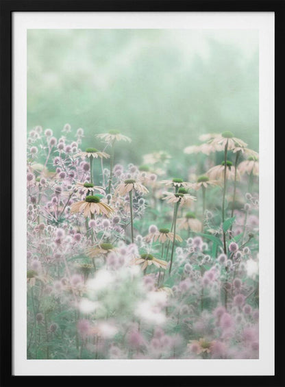 A soft-focus, dreamy photograph of a field of wildflowers, including pale coneflowers with green centers and fuzzy pink thistles, set against a hazy, light green background, creating an ethereal and serene atmosphere. The image is shown within a thin black frame. Poster