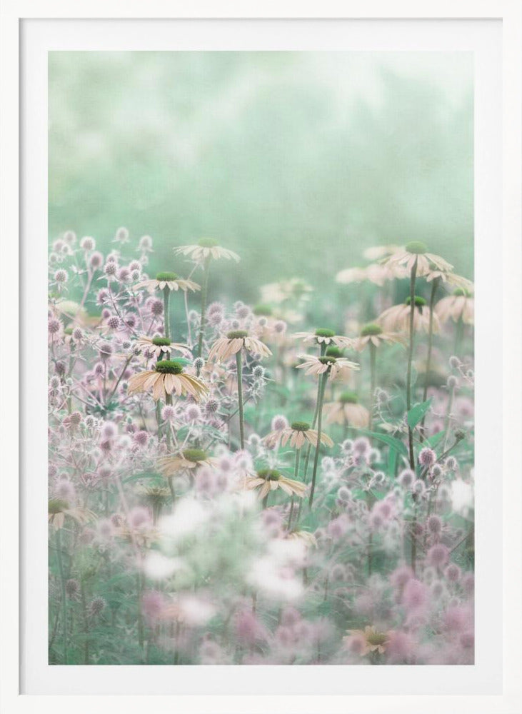 A soft-focus, dreamy photograph of a field of wildflowers, including pale coneflowers with green centers and fuzzy pink thistles, set against a hazy, light green background, creating an ethereal and serene atmosphere. The image is shown within a thin black frame. Poster