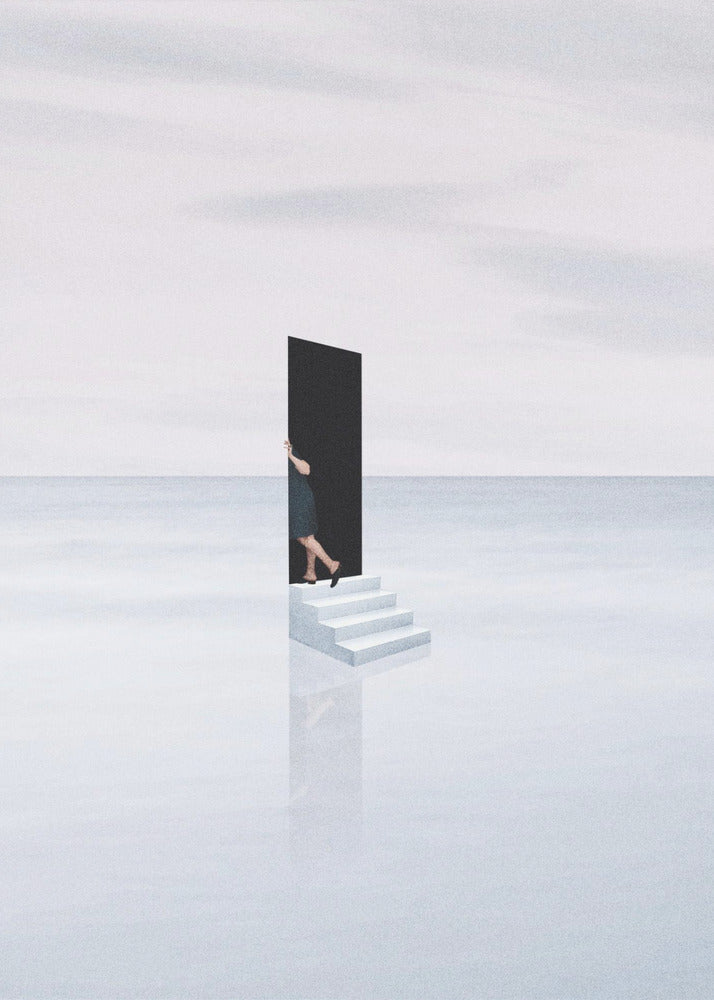A surreal, minimalist artwork depicting a woman in a dark dress stepping through a freestanding black rectangular doorway. The doorway sits atop a small set of white stairs, which are placed in the middle of a vast, tranquil, light grey expanse where the horizon between a calm sea and a cloudy sky is barely visible. The stairs cast a faint reflection on the glossy white surface below. Print