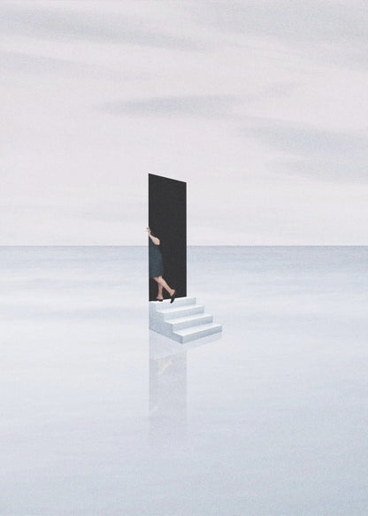 A surreal, minimalist artwork depicting a woman in a dark dress stepping through a freestanding black rectangular doorway. The doorway sits atop a small set of white stairs, which are placed in the middle of a vast, tranquil, light grey expanse where the horizon between a calm sea and a cloudy sky is barely visible. The stairs cast a faint reflection on the glossy white surface below. Print