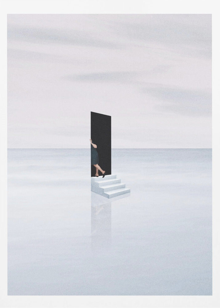 A surreal, minimalist artwork depicting a woman in a dark dress stepping through a freestanding black rectangular doorway. The doorway sits atop a small set of white stairs, which are placed in the middle of a vast, tranquil, light grey expanse where the horizon between a calm sea and a cloudy sky is barely visible. The stairs cast a faint reflection on the glossy white surface below. Print