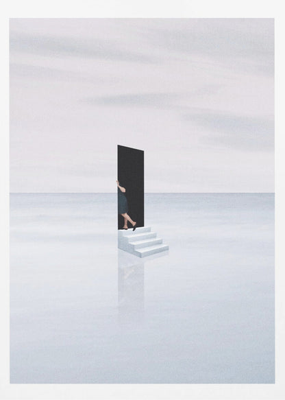 A surreal, minimalist artwork depicting a woman in a dark dress stepping through a freestanding black rectangular doorway. The doorway sits atop a small set of white stairs, which are placed in the middle of a vast, tranquil, light grey expanse where the horizon between a calm sea and a cloudy sky is barely visible. The stairs cast a faint reflection on the glossy white surface below. Print