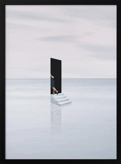 A surreal, minimalist artwork depicting a woman in a dark dress stepping through a freestanding black rectangular doorway. The doorway sits atop a small set of white stairs, which are placed in the middle of a vast, tranquil, light grey expanse where the horizon between a calm sea and a cloudy sky is barely visible. The stairs cast a faint reflection on the glossy white surface below. Print