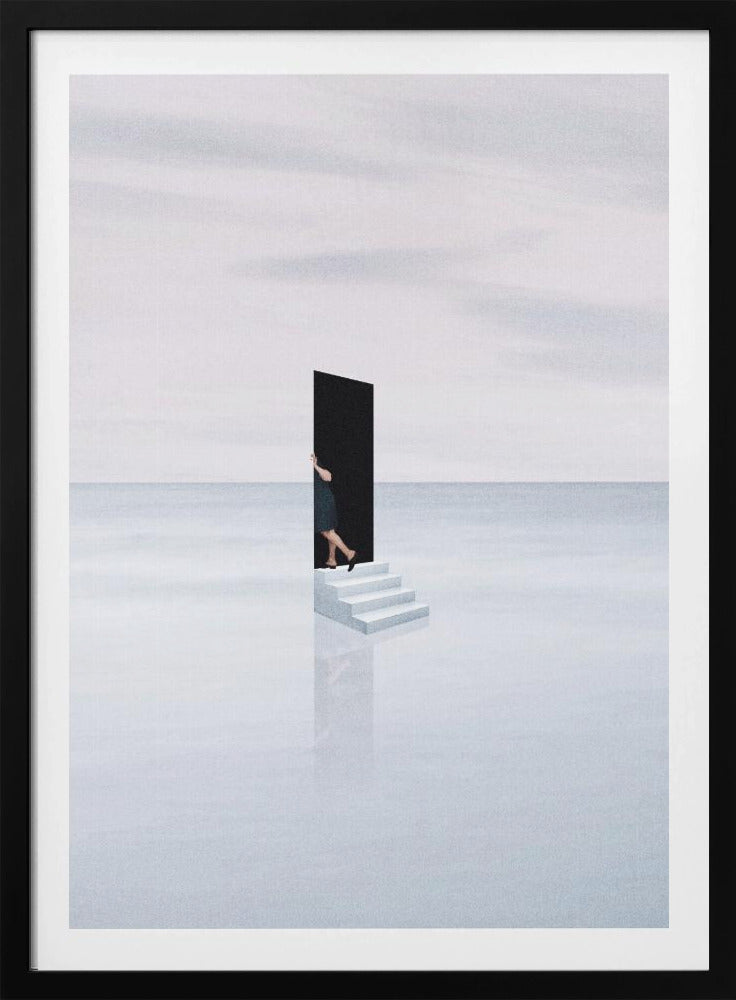 A surreal, minimalist artwork depicting a woman in a dark dress stepping through a freestanding black rectangular doorway. The doorway sits atop a small set of white stairs, which are placed in the middle of a vast, tranquil, light grey expanse where the horizon between a calm sea and a cloudy sky is barely visible. The stairs cast a faint reflection on the glossy white surface below. Print