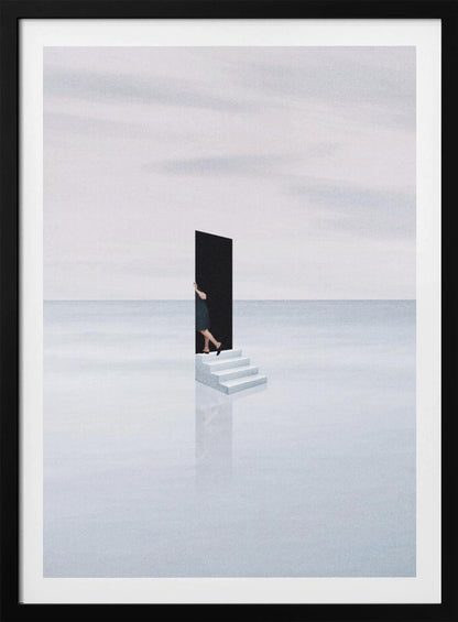 A surreal, minimalist artwork depicting a woman in a dark dress stepping through a freestanding black rectangular doorway. The doorway sits atop a small set of white stairs, which are placed in the middle of a vast, tranquil, light grey expanse where the horizon between a calm sea and a cloudy sky is barely visible. The stairs cast a faint reflection on the glossy white surface below. Print