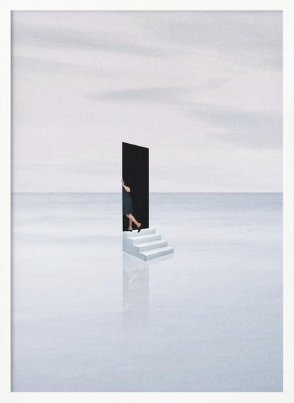 A surreal, minimalist artwork depicting a woman in a dark dress stepping through a freestanding black rectangular doorway. The doorway sits atop a small set of white stairs, which are placed in the middle of a vast, tranquil, light grey expanse where the horizon between a calm sea and a cloudy sky is barely visible. The stairs cast a faint reflection on the glossy white surface below. Print