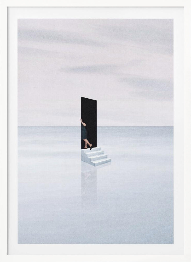 A surreal, minimalist artwork depicting a woman in a dark dress stepping through a freestanding black rectangular doorway. The doorway sits atop a small set of white stairs, which are placed in the middle of a vast, tranquil, light grey expanse where the horizon between a calm sea and a cloudy sky is barely visible. The stairs cast a faint reflection on the glossy white surface below. Print