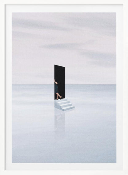 A surreal, minimalist artwork depicting a woman in a dark dress stepping through a freestanding black rectangular doorway. The doorway sits atop a small set of white stairs, which are placed in the middle of a vast, tranquil, light grey expanse where the horizon between a calm sea and a cloudy sky is barely visible. The stairs cast a faint reflection on the glossy white surface below. Print