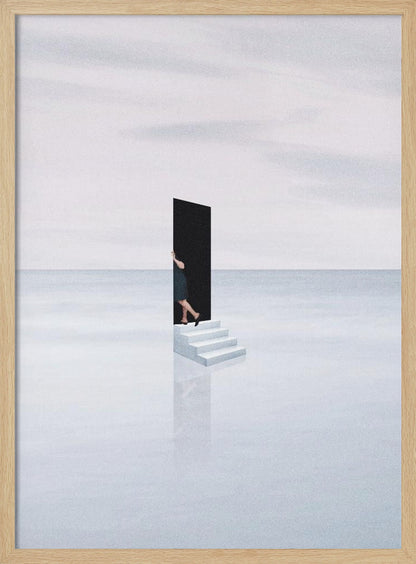 A surreal, minimalist artwork depicting a woman in a dark dress stepping through a freestanding black rectangular doorway. The doorway sits atop a small set of white stairs, which are placed in the middle of a vast, tranquil, light grey expanse where the horizon between a calm sea and a cloudy sky is barely visible. The stairs cast a faint reflection on the glossy white surface below. Print