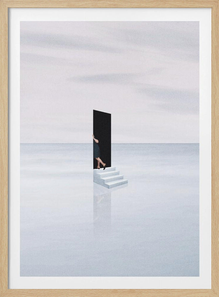 A surreal, minimalist artwork depicting a woman in a dark dress stepping through a freestanding black rectangular doorway. The doorway sits atop a small set of white stairs, which are placed in the middle of a vast, tranquil, light grey expanse where the horizon between a calm sea and a cloudy sky is barely visible. The stairs cast a faint reflection on the glossy white surface below. Print