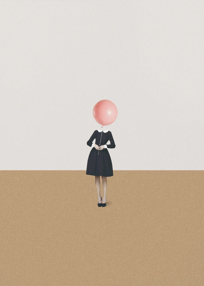 A surrealist artwork of a woman in a black dress, whose head is replaced by a pink balloon. She stands against a background horizontally divided into off-white on top and sandy brown on the bottom. Print