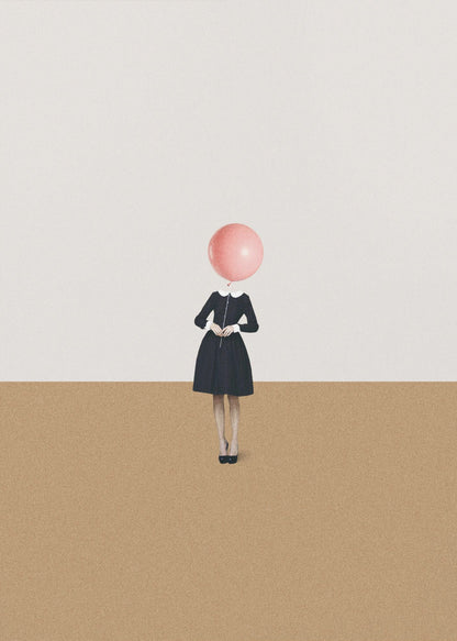 A surrealist artwork of a woman in a black dress, whose head is replaced by a pink balloon. She stands against a background horizontally divided into off-white on top and sandy brown on the bottom. Print