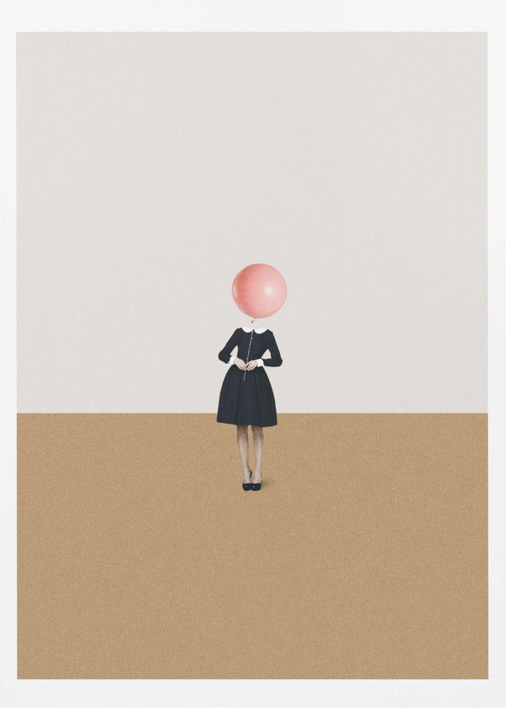 A surrealist artwork of a woman in a black dress, whose head is replaced by a pink balloon. She stands against a background horizontally divided into off-white on top and sandy brown on the bottom. Print